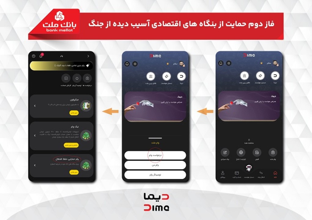 ساعت : ۱۴:۰۲     تاريخ :  ۱۴۰۵/۰۲/۱۴      کد خبر : ۱۵۹۴۶  آغاز فاز دوم حمایت بانك ملت از بنگاه های اقتصادی آسیب دیده از جنگ با پرداخت غیرحضوری تسهیلات از طریق اپلیكیشن دیما